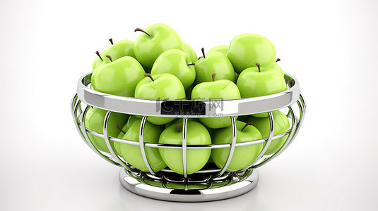 青苹果水果背景图片_白色背景 3d 渲染上装满新鲜青苹果的铬钢丝花瓶