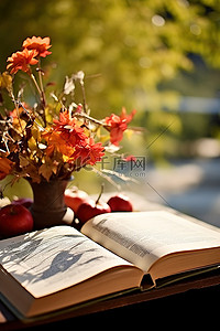 水果鲜花背景图片_一本打开的书，外面的桌子上放着鲜花