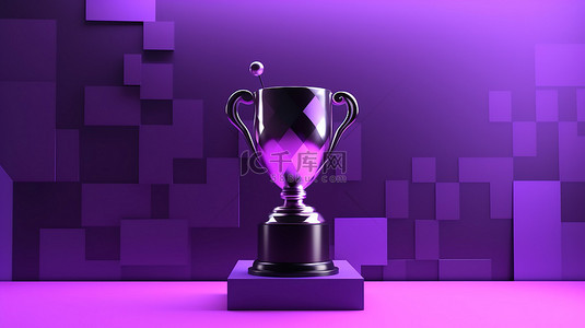 第一名奖杯图标光滑紫色背景上的最小 3D 设计