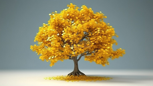自然的本质一棵橡树的简约 3D 插图，秋叶呈黄色