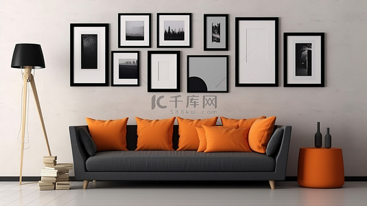 时尚沙发家具背景图片_别致的起居空间，配有时尚的沙发时尚的家具和墙上的一系列相框3D 渲染