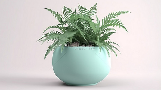 白色陶背景图片_在干净的白色背景上呈现 3d 的陶罐中的绿色植物