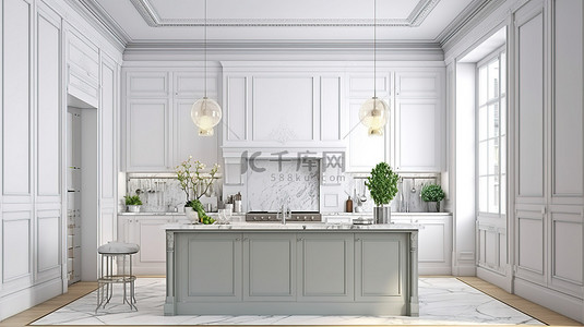 优雅的斯堪的纳维亚风格厨房白色木板和大理石台面 3D 渲染