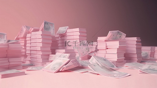 粉红色背景中漂浮的 3d 柔和欧元纸币