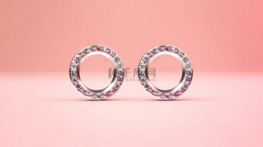 一组圆形钻石切割戒指隔离在 3d 渲染的粉红色背景下