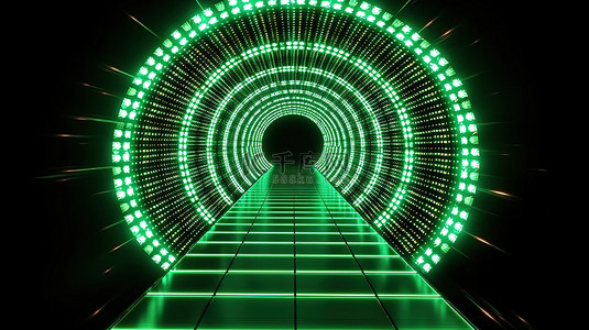 辐射线的无尽绿色隧道 3d 渲染与照明路径