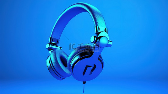 带耳机和问号的孤立蓝色背景的 3D 渲染插图