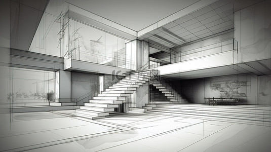 现代线性建筑的 3D 插图草图