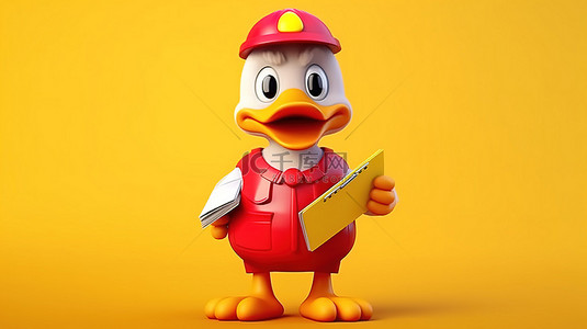 可爱的鸭子吉祥物在充满活力的黄色背景 3D 渲染上拿着红色剪贴板纸和铅笔