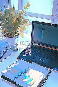 笔的背景图片_小办公桌上放着一台带文件和笔的笔记本电脑