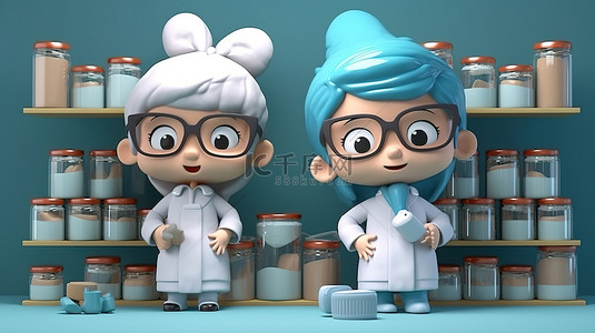 卡通医生和护士在 3D 渲染中指着化妆品和个人护理罐