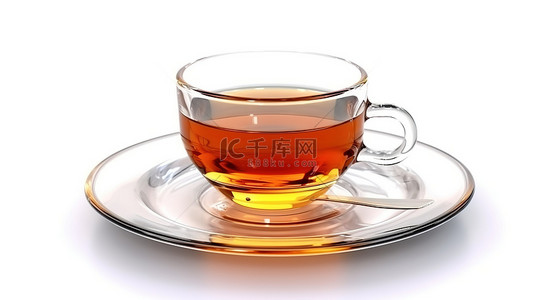 白色背景的 3D 渲染，带有独立的玻璃杯和盛有红茶的盘子