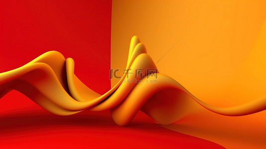 黄色背景壁纸上带有 3D 对象的充满活力的红色抽象波浪图的 3D 渲染