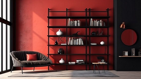现代阁楼室内 3D 渲染的书房和书架，采用红色和黑色色调