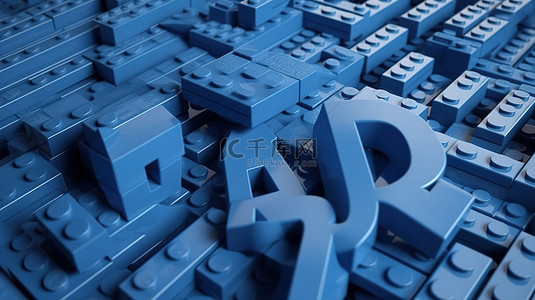 在 3D 渲染中以“玩”一词的形状排列的蓝色玩具砖
