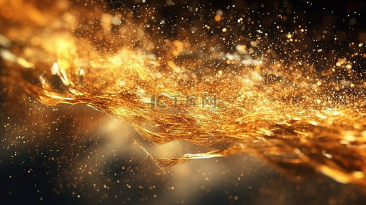 金色粒子在神奇的能量流 3D 渲染背景中层叠