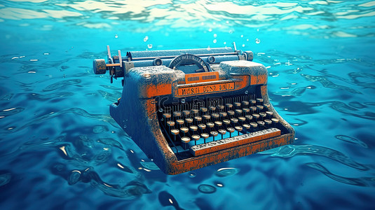 漂浮在蓝色海浪中的老式打字机近距离和个人 3D 渲染