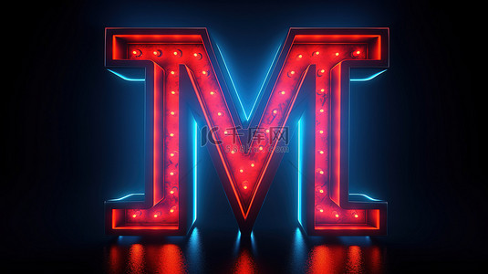 霓虹字母背景图片_3D 渲染中带有发光霓虹灯红色大写 m 的蓝色字母