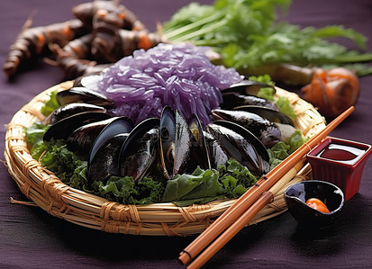 一篮子青菜虾鲑鱼和米饭，上面放着筷子