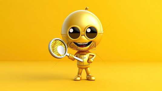 放大的背景图片_放大的金色忠诚计划奖金硬币人吉祥物在充满活力的黄色背景 3D 插图