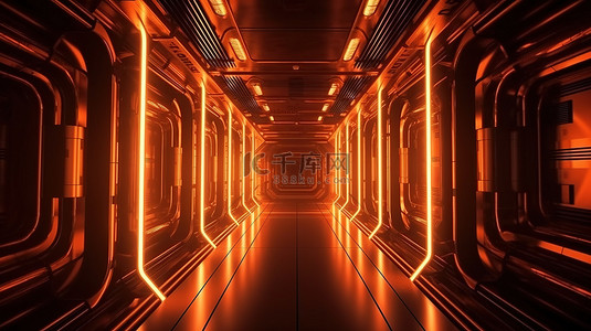 科幻插图霓虹灯橙色发光背景在 3d 渲染的宇宙飞船走廊