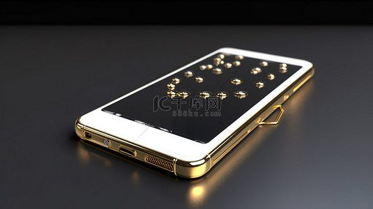 3D 渲染的手机展示了带有金片的在线购物和装饰有帕达卡的白屏