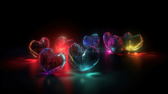 空间中的五颜六色的心 不同距离的发光心的 3d 渲染