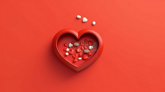 充满爱的情人节心形礼盒，红色背景，有文字平躺顶视图 3D 插图的空间