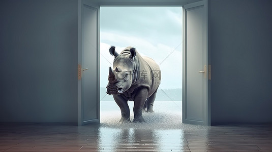 犀牛走进敞开的门口的 3D 渲染