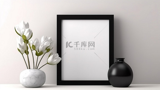 白色背景的 3D 渲染，黑色相框装饰着鲜花和植物