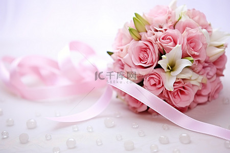 卡片婚礼背景图片_粉红花束和粉红丝带的幸福婚礼