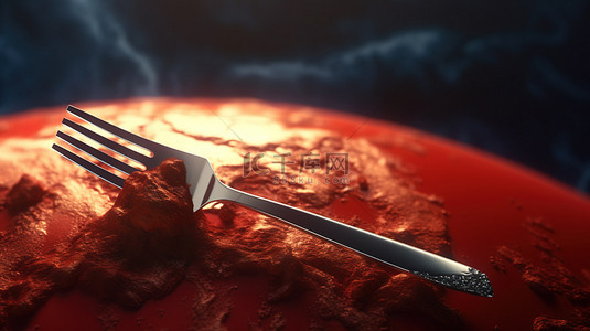 危机危机背景图片_地球的粮食短缺，红色的叉子和刀子象征着3D危机