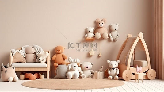 儿童房内部的 3D 渲染，配有软玩具装饰和米色墙壁模型
