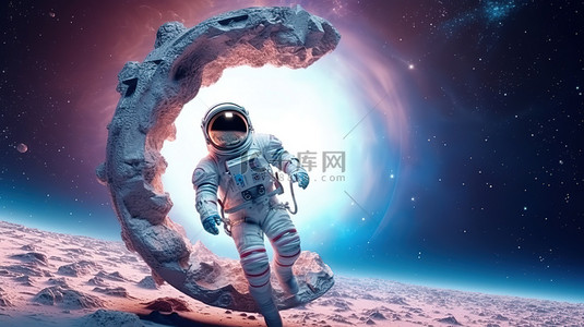 黑夜星空背景背景图片_超凡脱俗的宇航员站在神秘的时空门户的照明网关 3D 渲染前