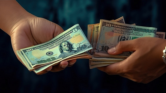 贷款背景图片_3D 渲染的手提供和接收象征付款或投资的一捆现金