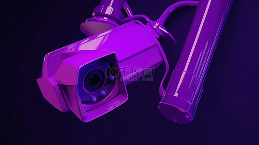 闭路监控系统背景图片_破碎的霓虹灯紫色光包围着破碎的闭路电视摄像机 3D 插图