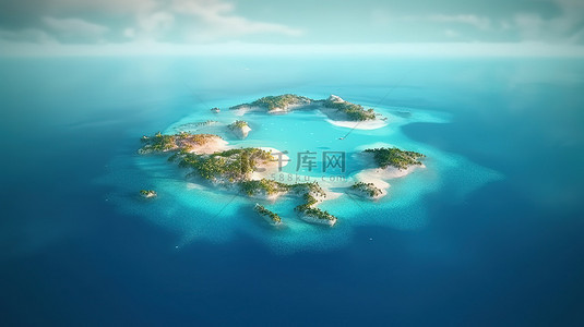 令人惊叹的 3D 插图描绘了坐落在广阔的公海中风景如画的环礁岛屿的鸟瞰图