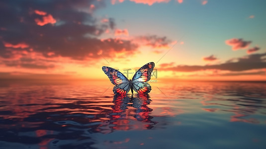 令人惊叹的 3D 渲染，在海上日落时，五彩蝴蝶在色彩缤纷的暮光天空上空飞行