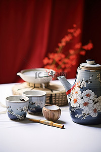 一套日本茶具，配有瓶子茶杯器具和和服