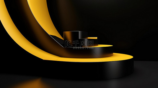 3d 渲染中黑色和黄色抽象最小背景上的金色领奖台