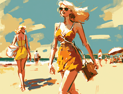 夏天的海边背景图片_比基尼美女夏天沙滩水彩背景