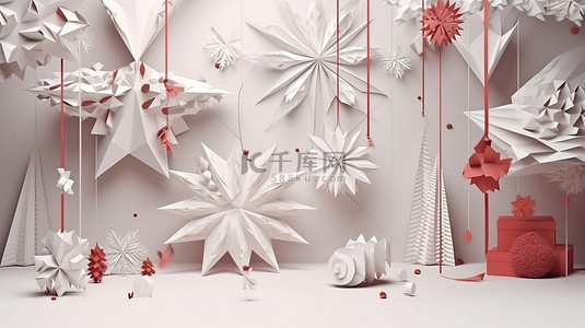 新年糖果背景图片_3d 礼品盒中的节日圣诞纸工艺品星星糖果手杖和悬挂的雪花
