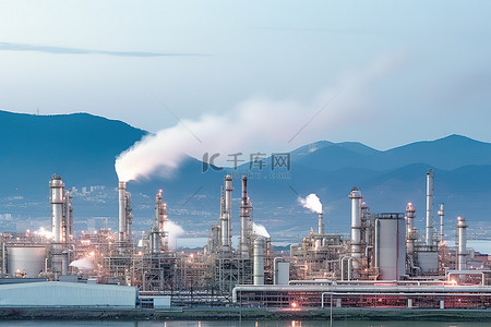 园区背景图片_背景是烟雾和山脉的工业炼油厂