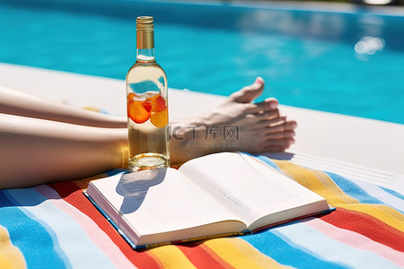 一瓶酒背景图片_坐在泳池边的一条白色毯子书和一瓶酒