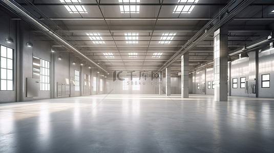 巨大的开放式工厂内部，带有聚光灯照明 3D 渲染插图