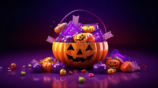 充满活力的万圣节快乐 3D 渲染杰克 o 灯笼南瓜糖果糖果在漂浮在紫色背景上的篮子里