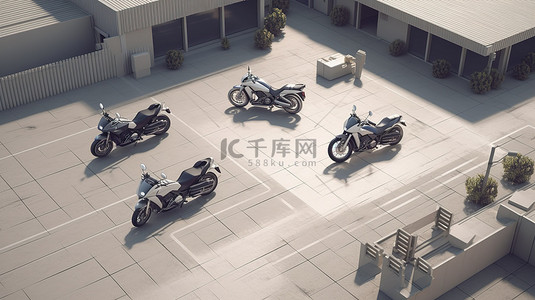 等距交通背景图片_3D 渲染停车场中展示的真实等距摩托车场景