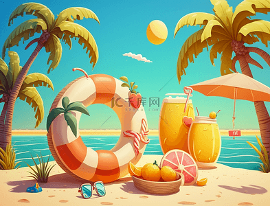 炎热夏日夏天背景图片_棕榈树橙汁游泳圈夏天海边沙滩风景