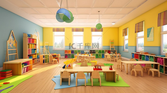 民国时期教室背景图片_幼儿园教室内部通过 3D 渲染栩栩如生