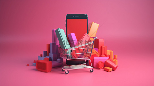 电子商务使 3D 智能手机插图变得容易，带有购物车信用卡和袋子